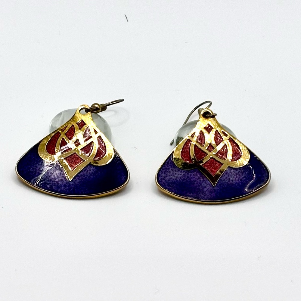 Enameled Gold and Purple Drop Earrings